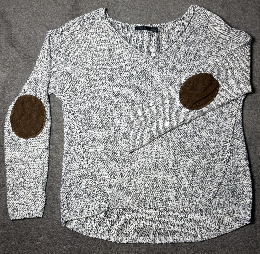 RDI Womens XL Gray Marled Knit Sweater Faux Suede Elbow Patches Cottage Academia